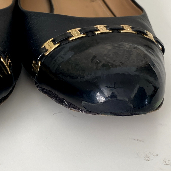 Salvatore Ferragamo Pump Black Leather Round Patent Cap Block Heel Gold Logo 11 - Picture 16 of 16